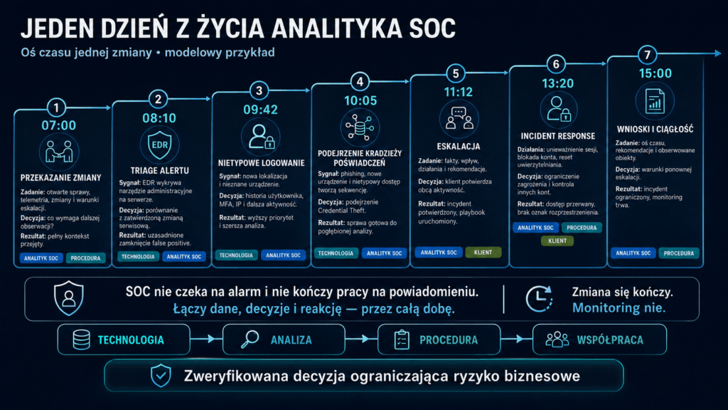 Infografika 'Jeden dzień z życia analityka SOC' przedstawiająca oś czasu 8-godzinnej zmiany (07:00–15:00) w 7 etapach: od przekazania zmiany, przez triage alertu, eskalację i reakcję na incydent, aż po wnioski i zapewnienie ciągłości działania.