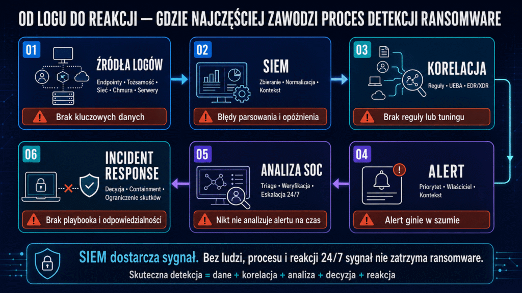 Infografika zatytułowana „Od logu do reakcji – gdzie najczęściej zawodzi proces detekcji ransomware”. Ilustruje 6-etapowy, kołowy proces cyberbezpieczeństwa (od zbierania danych do reakcji na incydent), w którym każdy etap zawiera czerwoną ikonę ostrzegawczą wskazującą typowy błąd. Błędy obejmują: brak kluczowych danych, błędy parsowania, brak reguł korelacji, gubienie alertów w szumie, brak analizy na czas oraz brak procedur reagowania. Dolna część infografiki podkreśla, że technologia (SIEM) wymaga ludzi i procesów, formułując równanie: Skuteczna detekcja = dane + korelacja + analiza + decyzja + reakcja.