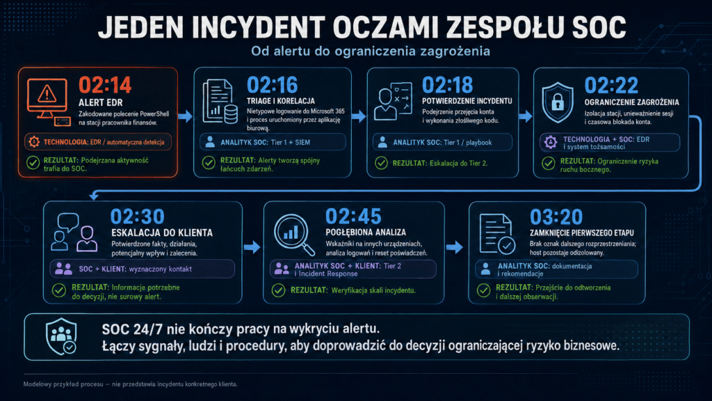 Infografika przedstawiająca chronologiczny przebieg obsługi incydentu cyberbezpieczeństwa przez zespół SOC (od godziny 02:14 do 03:20) – od automatycznej detekcji alertu EDR, przez analityczną weryfikację, powstrzymanie zagrożenia i eskalację do klienta, aż po pogłębioną analizę i zamknięcie pierwszego etapu działań.