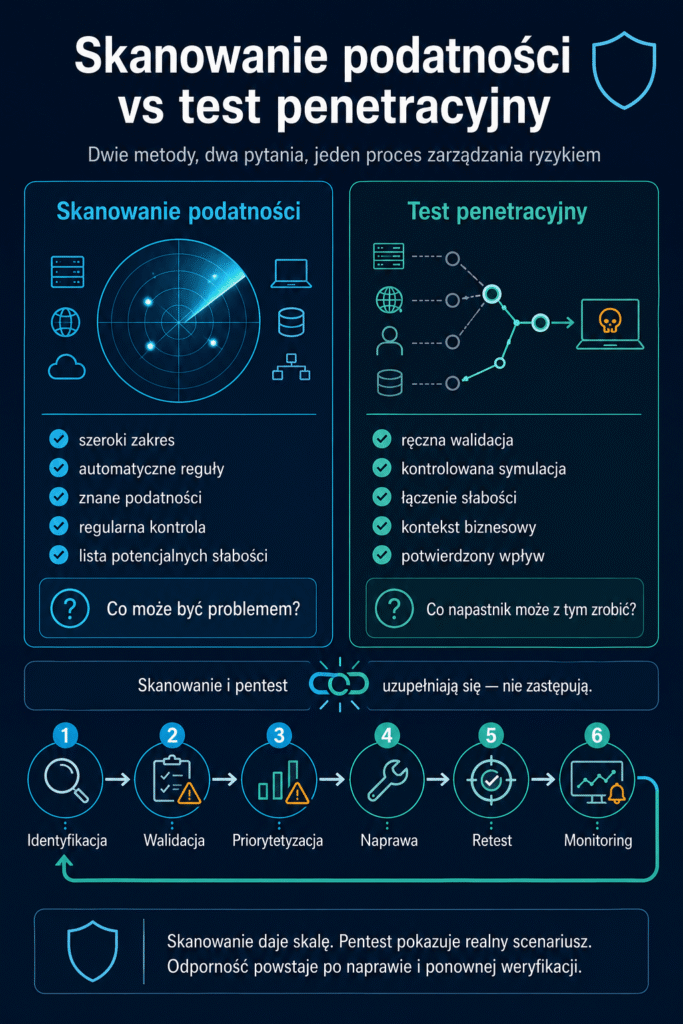 Infografika 'Skanowanie podatności vs test penetracyjny' porównująca automatyczne skanowanie z ręcznymi testami penetracyjnymi oraz przedstawiająca 6-etapowy proces zarządzania ryzykiem.